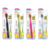 Four packages of pink and green soft bristle manual toothbrushes for adults with 99% brush performance guarantee