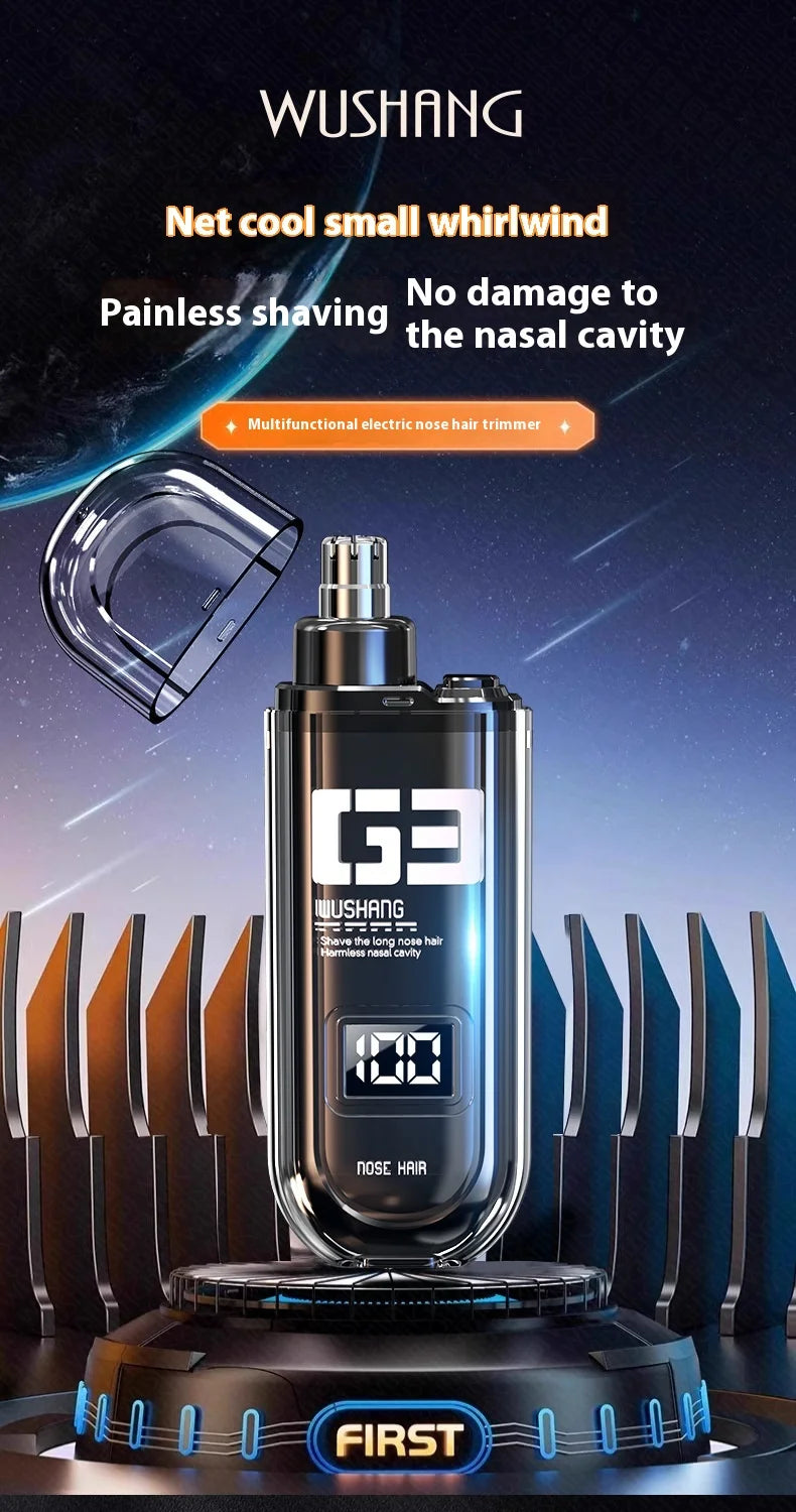 A black electric nose hair trimmer is displayed on a stand, highlighting its features for painless shaving and no damage to t