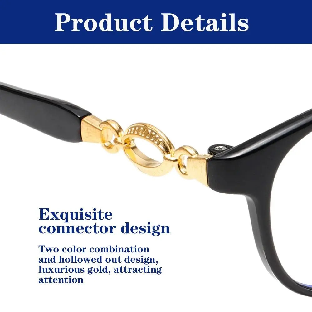 Close-up of a black frame and gold connector design for progressive multifocal reading glasses