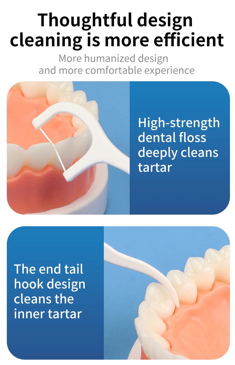 Gros plan d'un fil dentaire blanc nettoyant le tartre d'une dent, démontrant une conception efficace et confortable.
