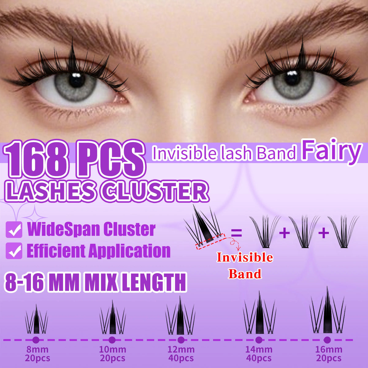 Cluster of 168 invisible lash band fairy lashes in various lengths and quantities