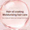A pink ceramic hair straightener is shown with a clear bowl containing a moisturizing hair oil for hair care.