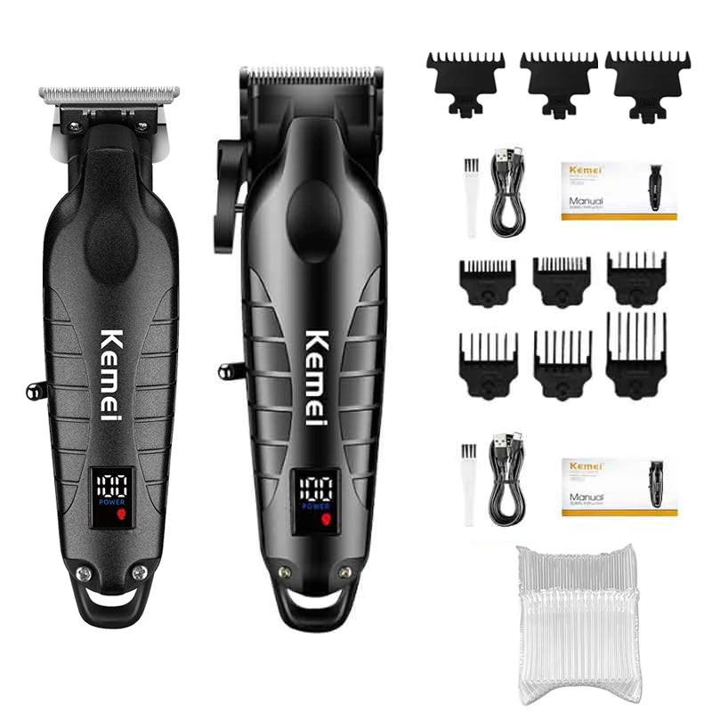 A black professional electric hair clipper kit with various attachments and combs.