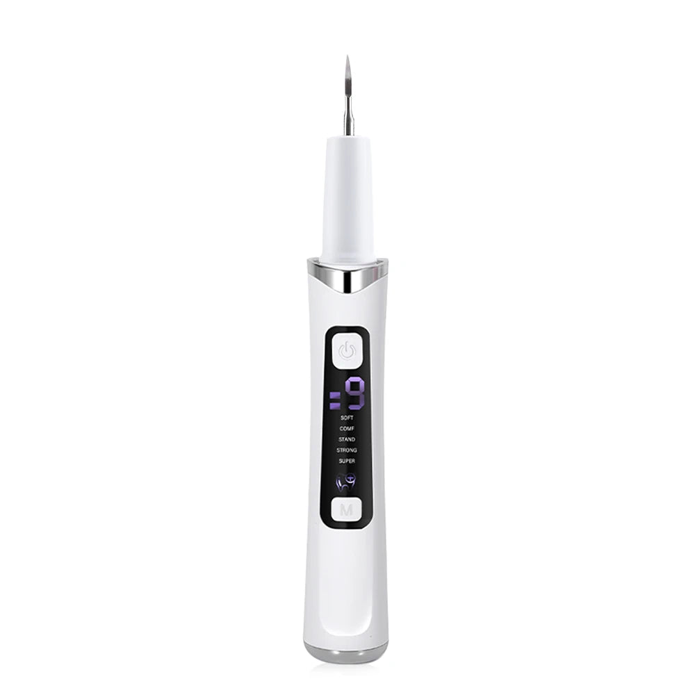 A white ultrasonic dental scaler with a silver top and LED light therapy controls.