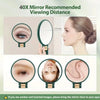 A portable dual-sided makeup mirror demonstrating 40X viewing distance and magnification on a face.