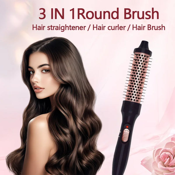 A woman models a black round brush hair straightener curler and brush set.
