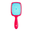 Peine desenredante ancho rosa brillante con dientes de plástico azules.