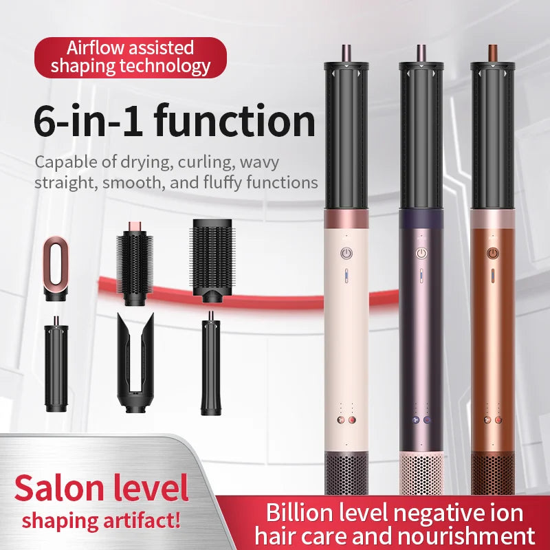 A set of three professional hair styling tools for drying, curling, and waving functions shown in various colors.