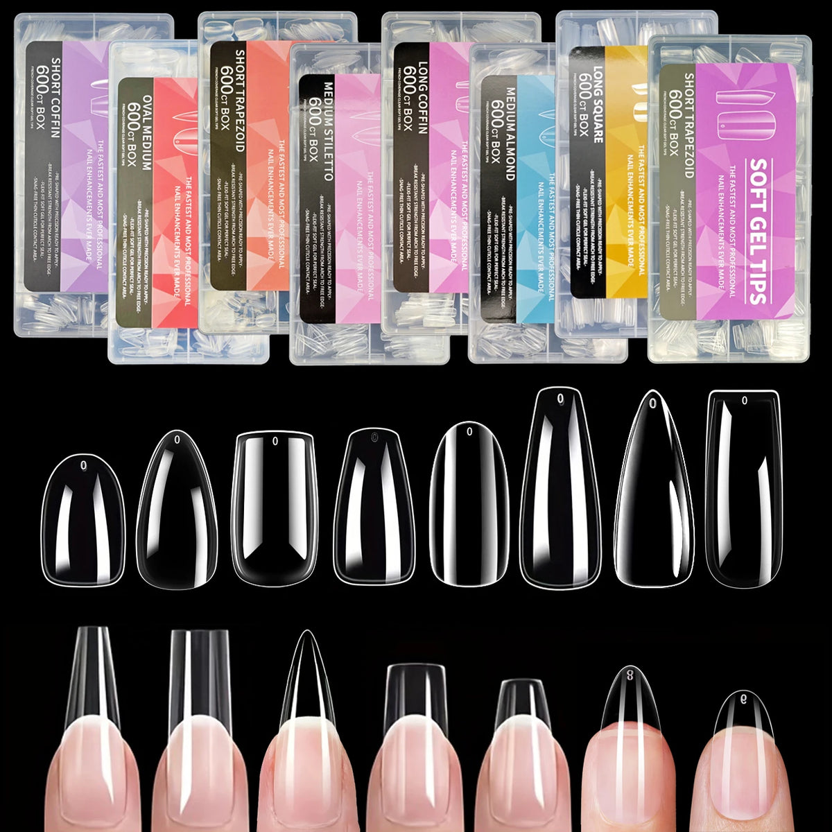 Collection de pointes à ongles pressées de diverses formes et tailles sur fond noir.