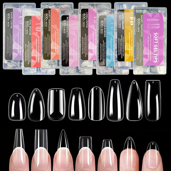 A collection of press-on nail tips in various shapes and sizes displayed on a black background.