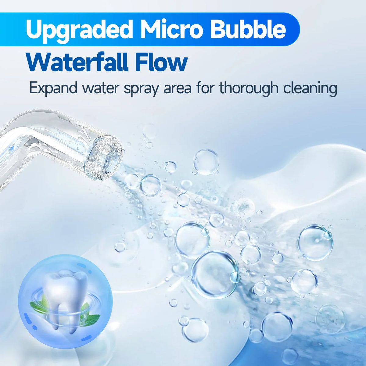 Close-up of an electric water flosser creating a micro bubble waterfall flow for thorough cleaning.