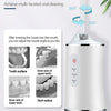 A white portable oral irrigator with a 360 degree rotary nozzle is shown, demonstrating its use for multi-faceted oral cleani