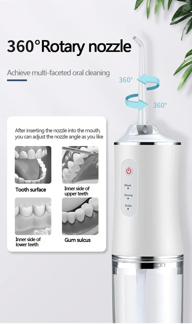 A white portable oral irrigator with a 360 degree rotary nozzle is shown, demonstrating its use for multi-faceted oral cleani