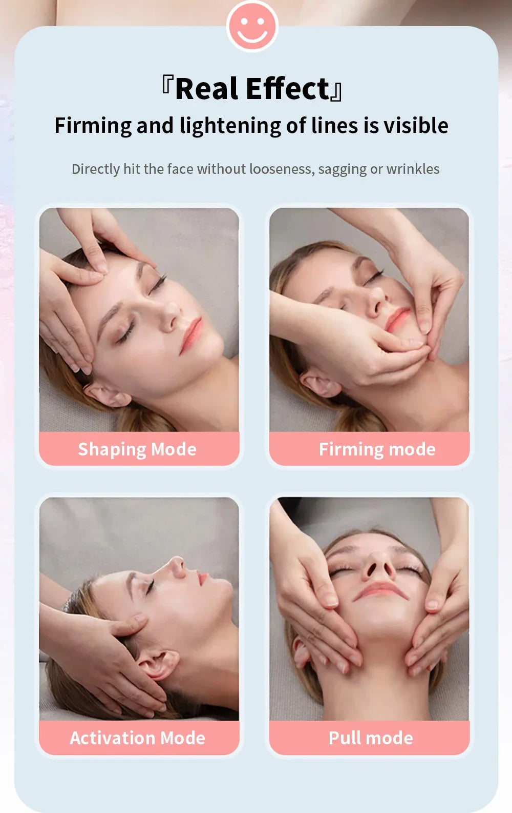 A graphic showing four modes of microcurrent facial lifting: Shaping, Firming, Activation, and Pull.
