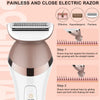 A close-up view of a pink and white electric razor device with a floating foil head for hair removal.
