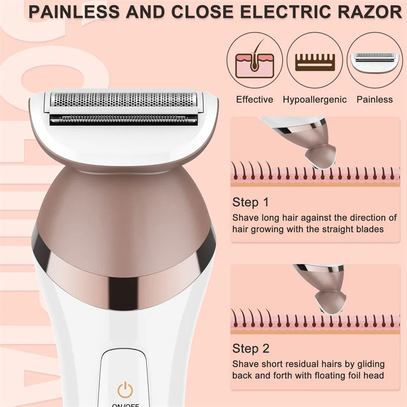 A close-up view of a pink and white electric razor device with a floating foil head for hair removal.