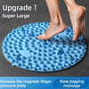 A blue magnetic foot massage plate is shown being placed on a person's foot for massage.