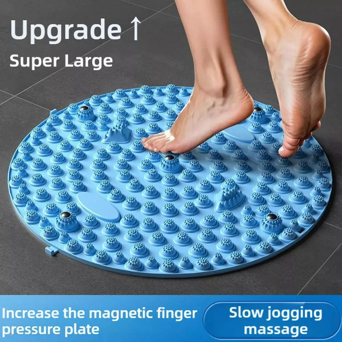 A blue magnetic foot massage plate is shown being placed on a person's foot for massage.