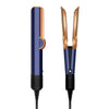 A professional 2-in-1 hair straightener with a blue and copper finish shown vertically.