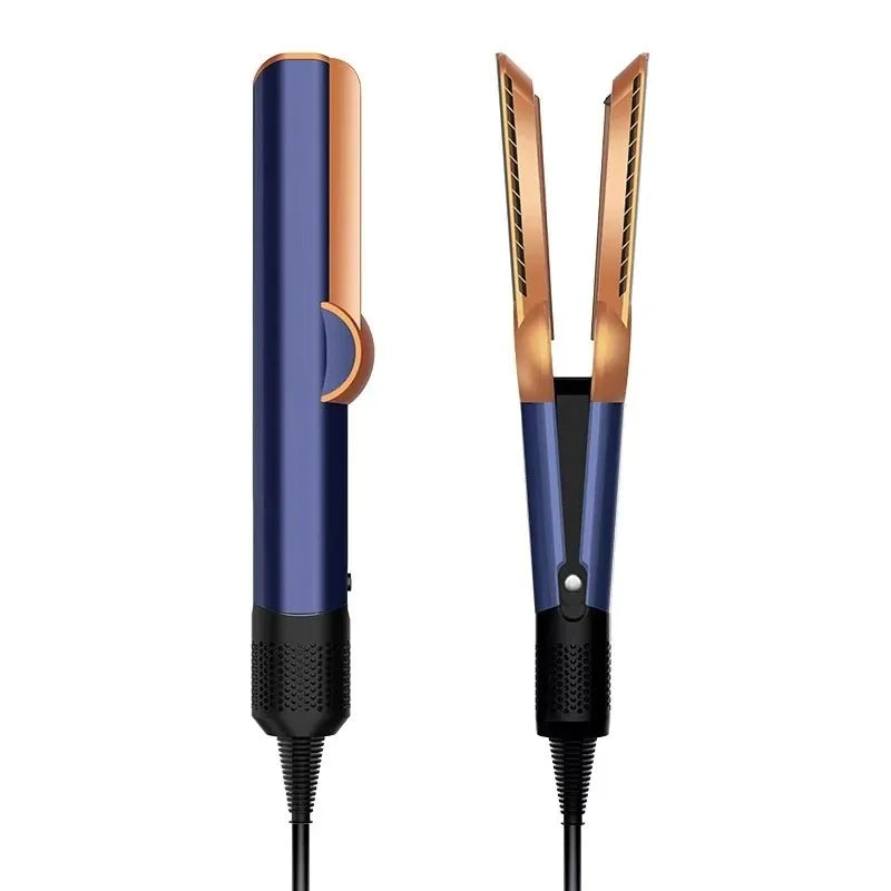 A professional 2-in-1 hair straightener with a blue and copper finish shown vertically.