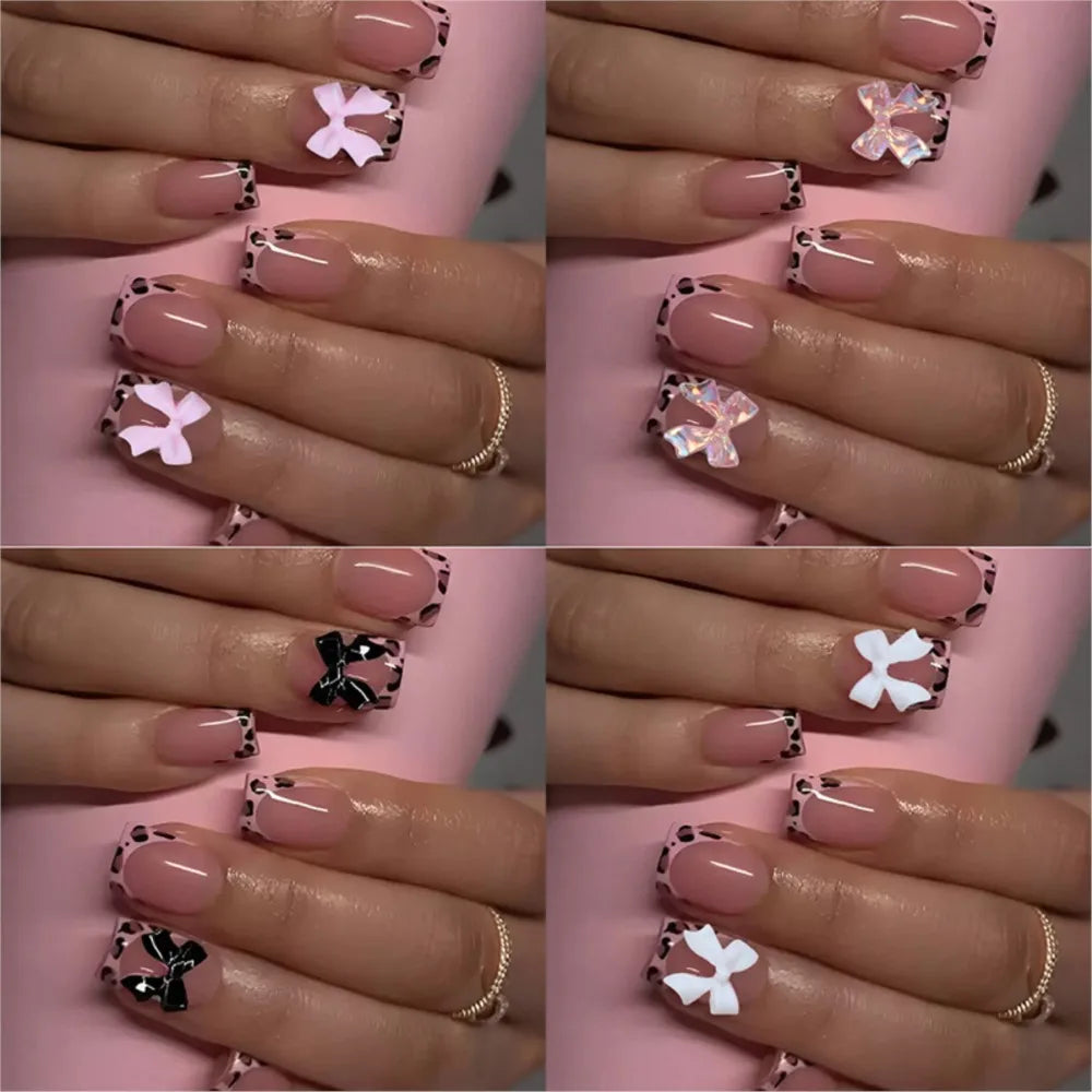A set of leopard print press-on nails shown in various shades and designs on hands.