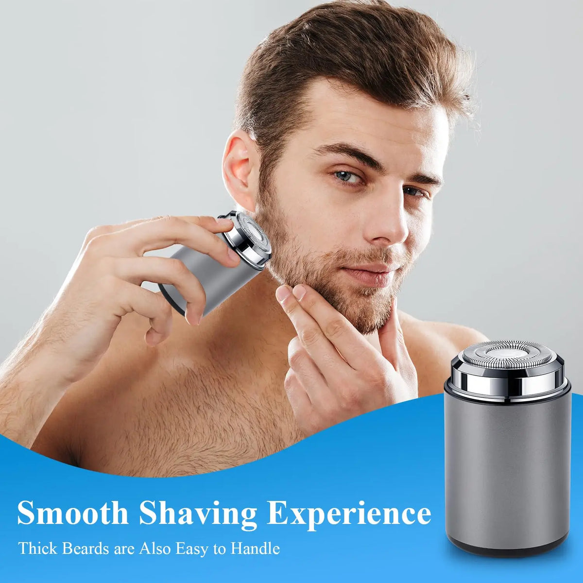 A man is using a silver electric beard trimmer on his face, demonstrating a smooth shaving experience.