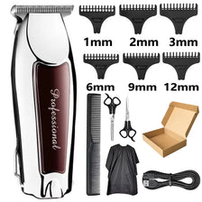 A set of professional electric hair trimmers with various guard sizes from 1mm to 12mm and a grooming kit.