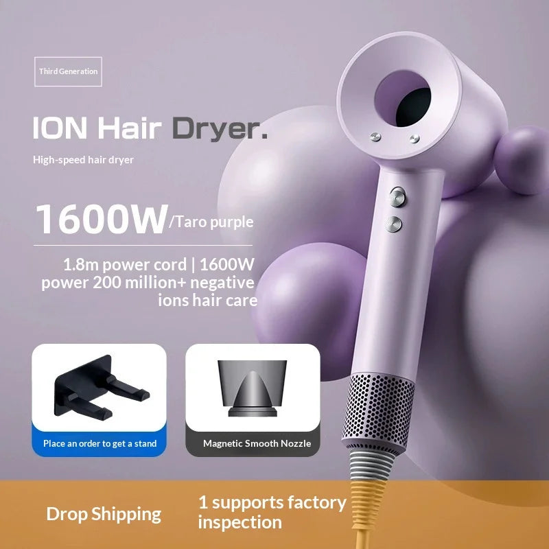 A purple ION Hair Dryer with a magnetic smooth nozzle is shown against a blurred background of balloons.