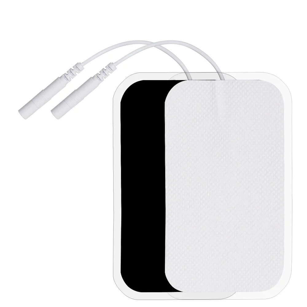 Reusable electrode pads for TENS and EMS muscle stimulators with a white cord.