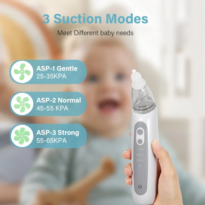 An electric nasal aspirator device is shown with three suction modes labeled ASP-1 Gentle, ASP-2 Normal, and ASP-3 Strong.