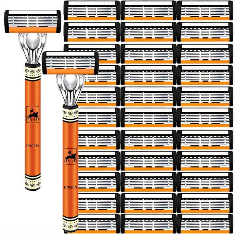 A set of orange and black multi-blade safety razors arranged in rows.