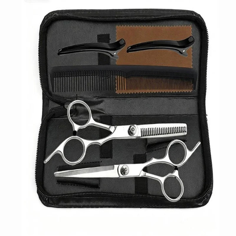 A black case containing a set of professional barber scissors and thinning shears.