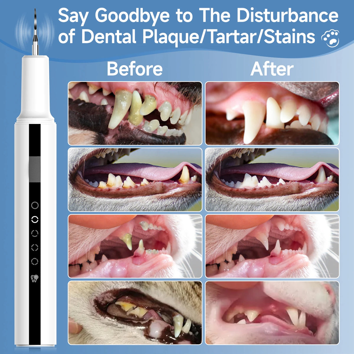 An ultrasonic dental cleaner device is shown with before and after images demonstrating plaque removal on a pet's teeth.