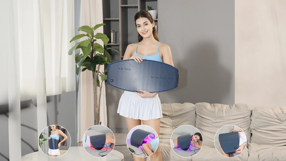 A woman holds a blue 4D LED light therapy mask in a studio setting.