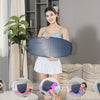 A woman holds a blue facial mask for near-infrared and red light therapy treatment.