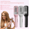 A woman is holding a multi-function hair repair and hairdressing device, showing three versions of the tool.