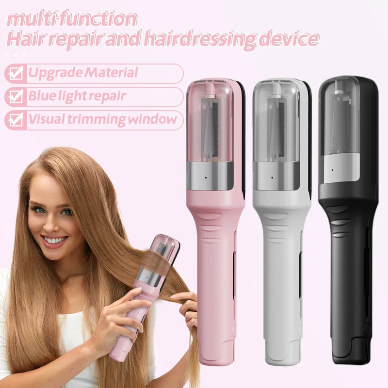 A woman is holding a multi-function hair repair and hairdressing device, showing three versions of the tool.