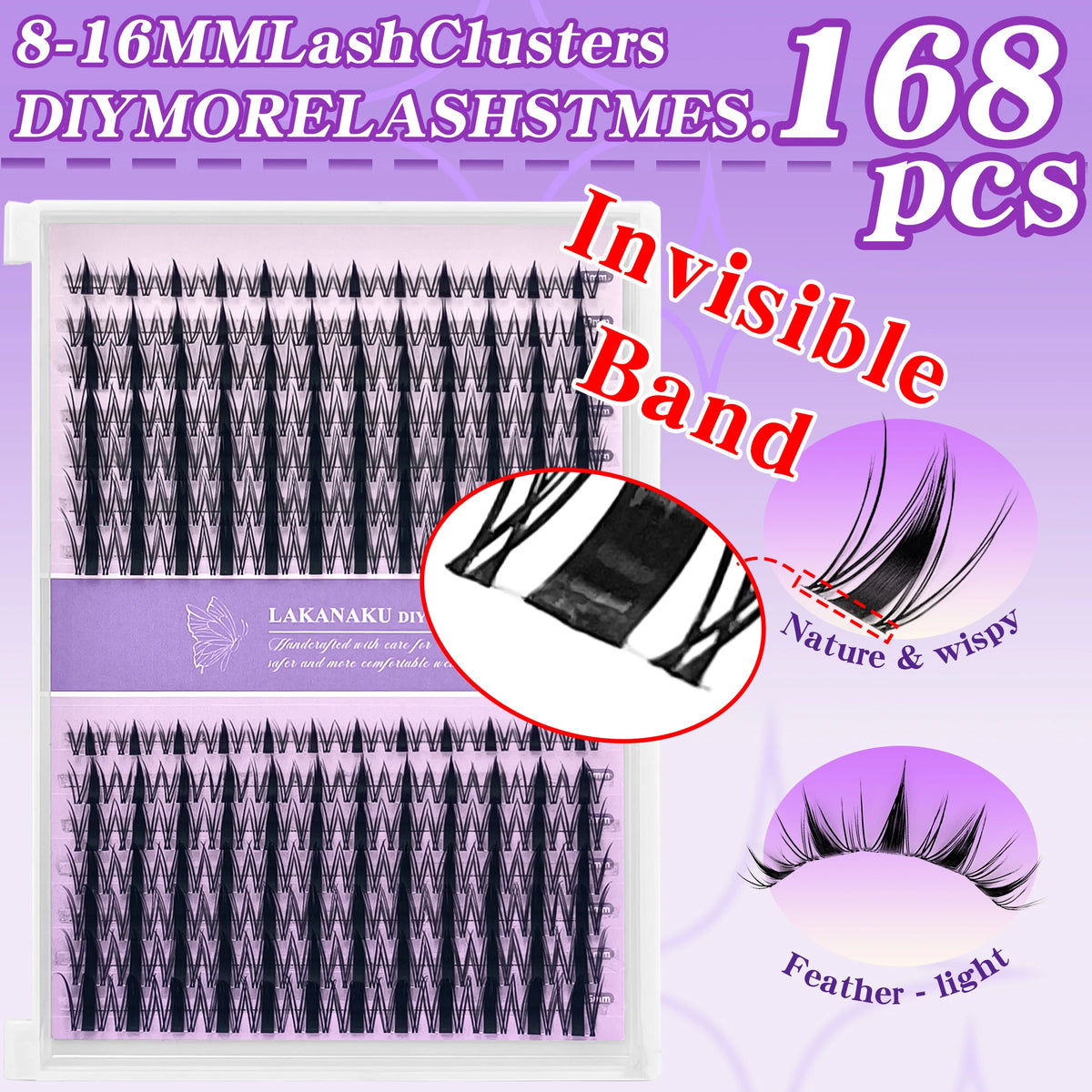 A sheet of 168 pairs of DIY eyelash clusters for lash extensions featuring a natural and wispy look.