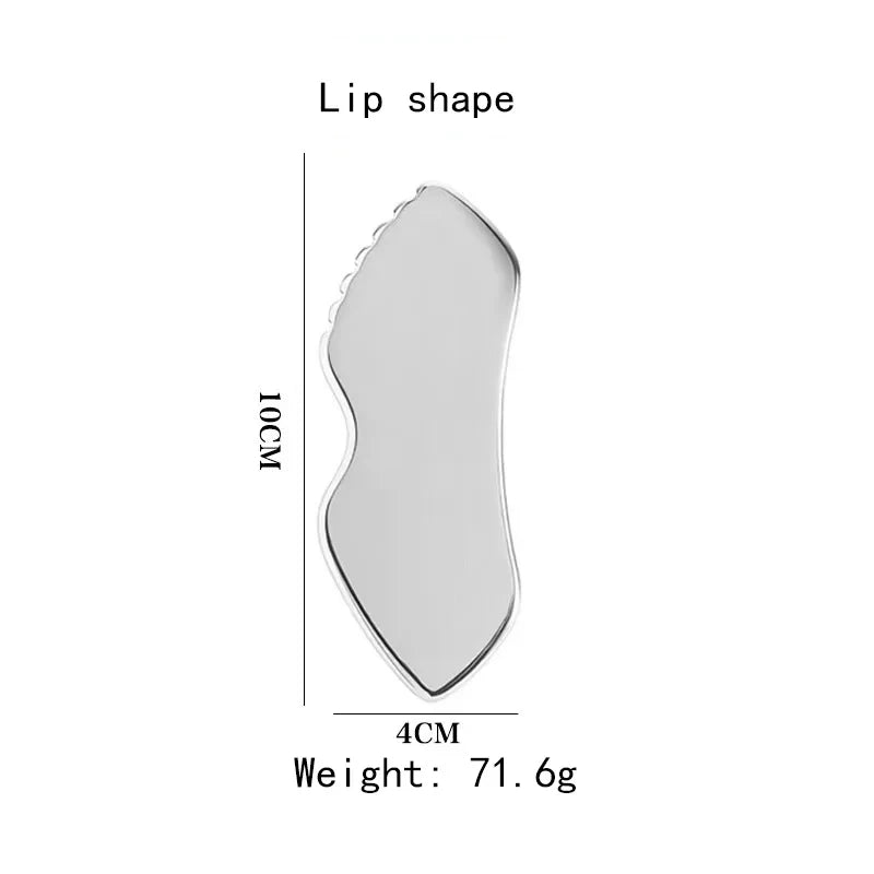 A silver stainless steel Gua Sha massager for facial and body scraping, shown with dimensions and weight.