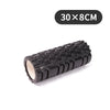 Black fitness foam roller measuring 30x8cm for muscle recovery