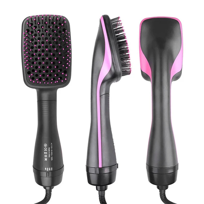 A black hair dryer brush and curling comb with pink accents shown in three views.