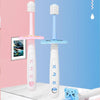 Two colorful soft baby toothbrushes for toddlers displayed on a white surface.
