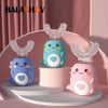Three cartoon-designed electric U-shaped toothbrushes in blue, teal, and pink displayed on a stand.