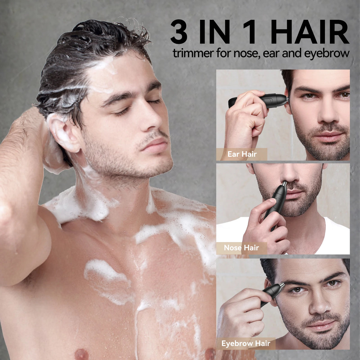 A man is using a 3-in-1 hair trimmer for nose, ear, and eyebrow hair on his face.