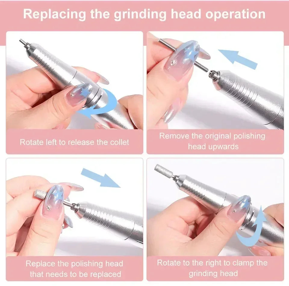 Instructions pour remplacer la tête de fraise sur une ponceuse électrique rechargeable professionnelle.
