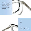 Close-up view of a clear alloy hinge and multi-layer component reinforcement on an anti-blue light eyewear frame.