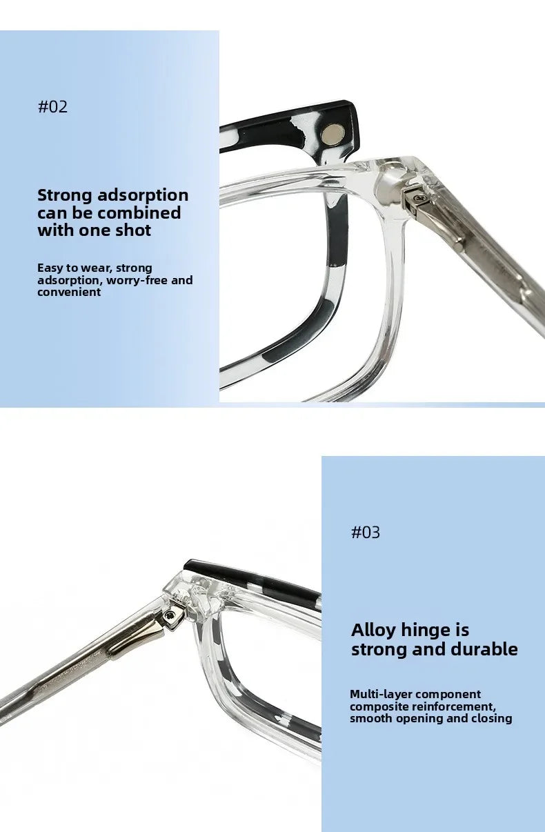 Close-up view of a clear alloy hinge and multi-layer component reinforcement on an anti-blue light eyewear frame.