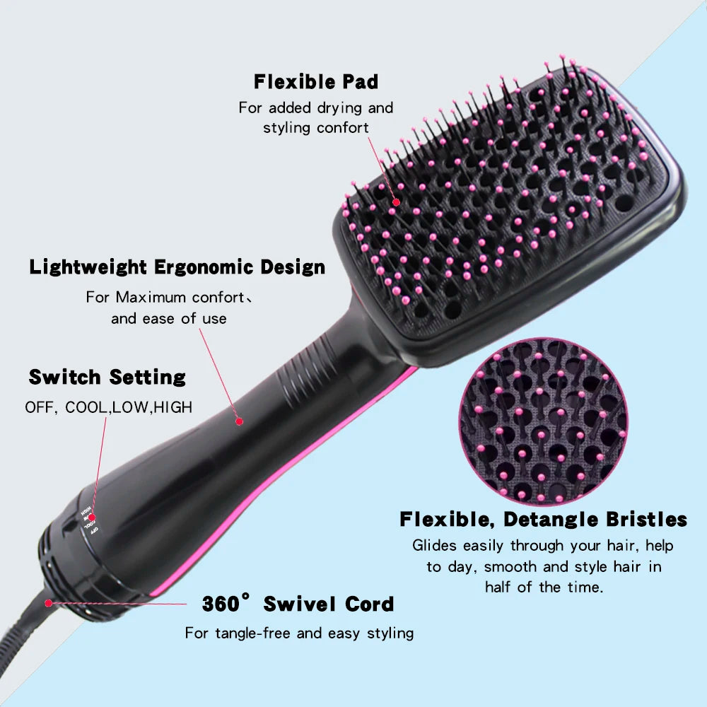 A black hair dryer brush with a flexible pad, lightweight ergonomic design, and swivel cord for styling.