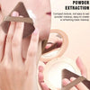 A hand is using a powder extraction tool to apply compact texture powder makeup on the face.