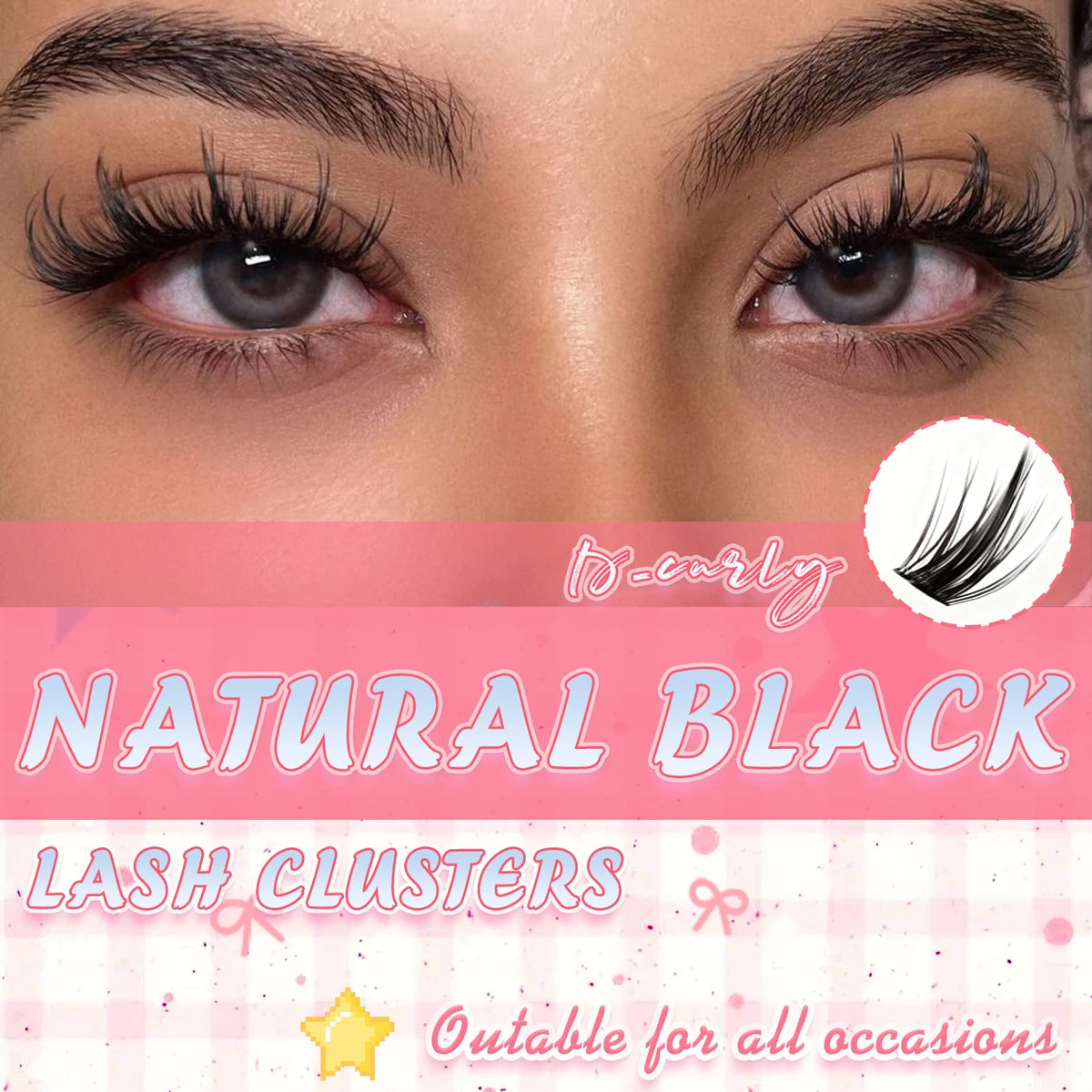 Close-up of a woman's eye showing natural black lash clusters for an eye makeup product.
